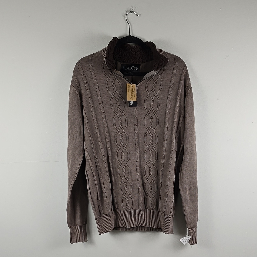 New The Slope Men's Brown Cable Knit 1/4 Zip Sherpa Collared Sweater